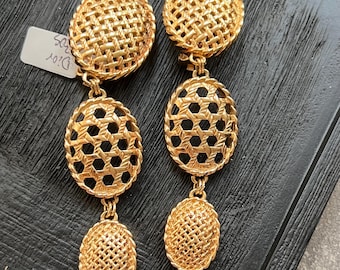 Vintage Christian Dior signed gold-plated textured large drop 1980s clip-on earrings