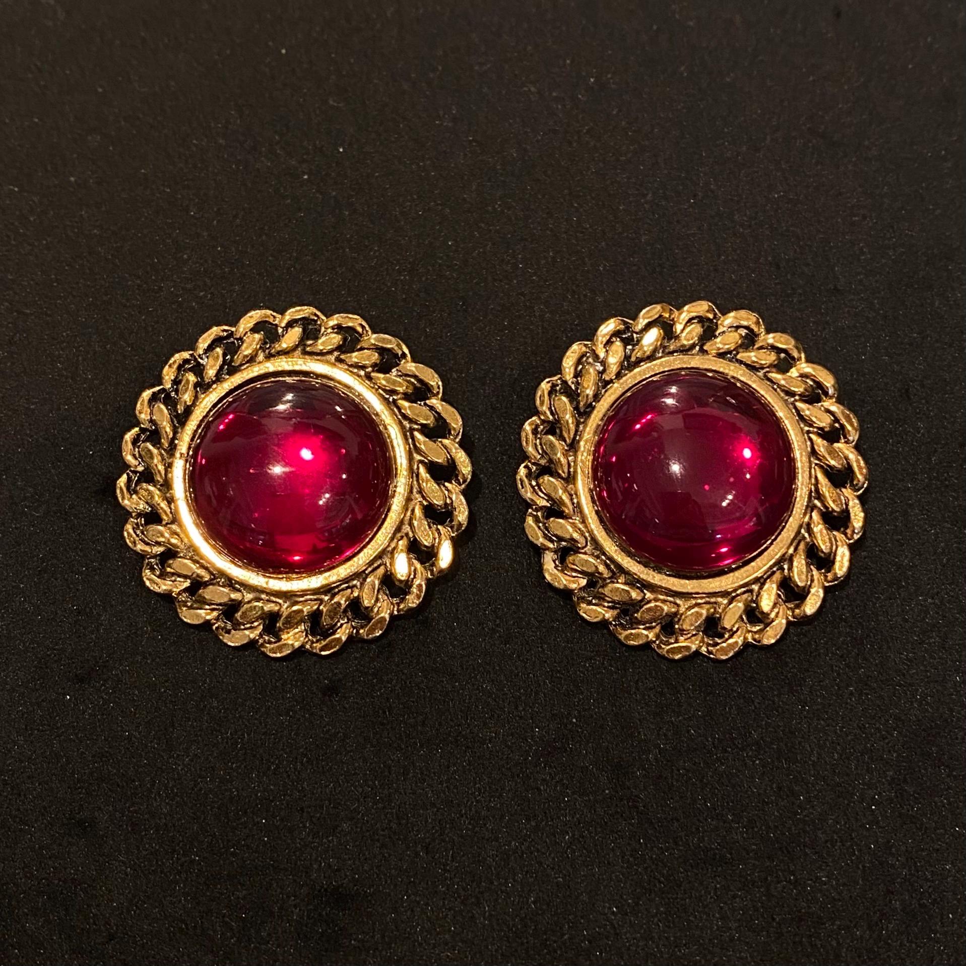 Boucles D'oreilles Vintage Clips Années 80 - Cabochons En Résine Rouge, Monture Métal Doré