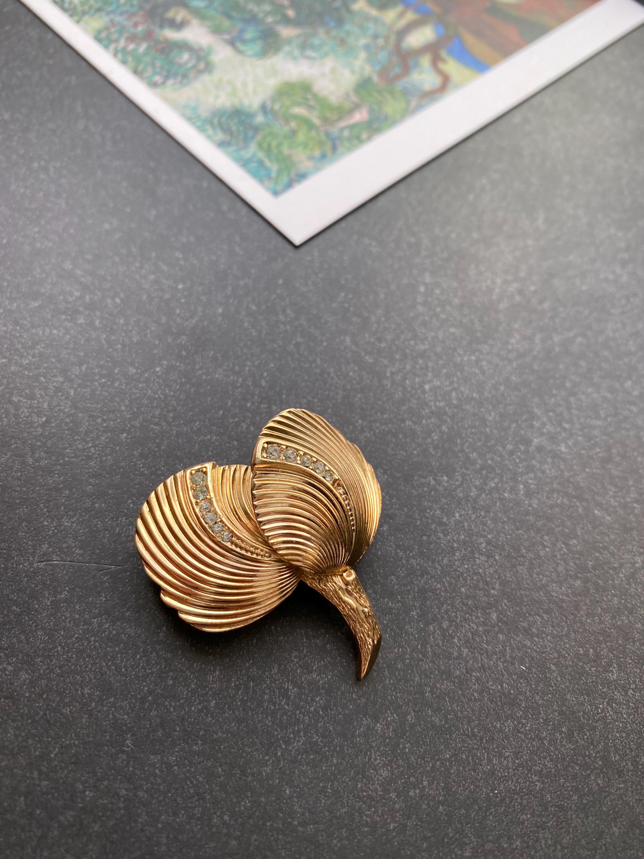 Vintage Christian Dior Signed Brooch Leaf Design Gold-plated Pin