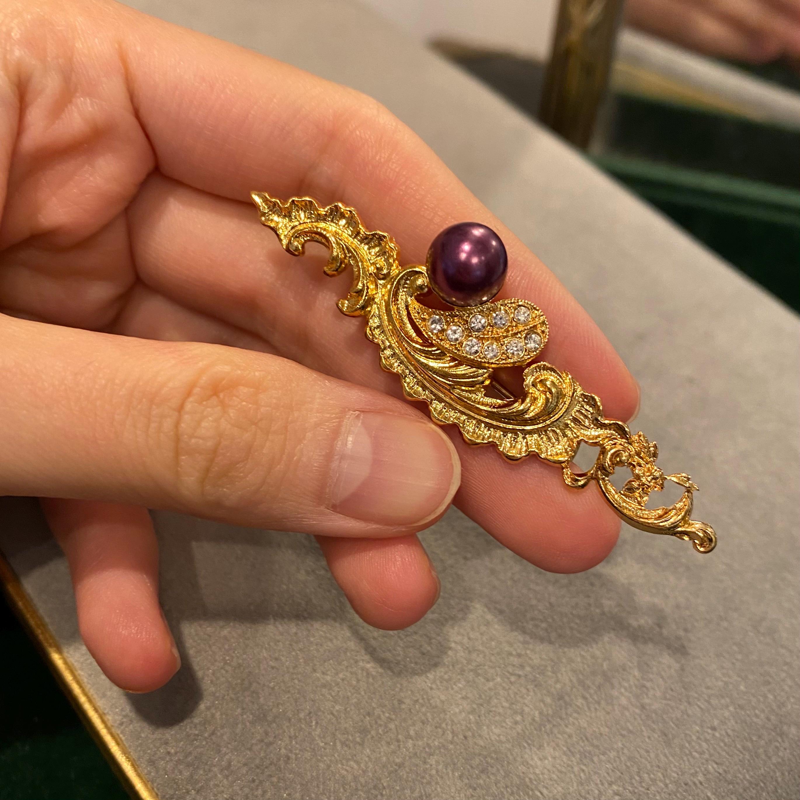 Broche Ancienne Plaquée Or Avec Strass Violet - New Old Stock (NOS) - Bijou De Costume Neuf