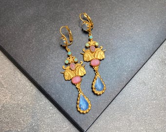 Askew London unicorn design turban blue pink stones drop pierced earrings