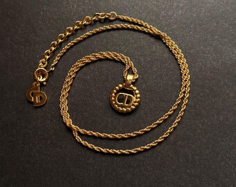 Vintage Christian Dior signed classic gold-plated CD logo round shape pendant drop necklace 1980s