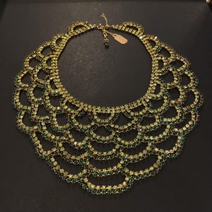 Vintage Austrian gold-plated metal emerald green & light green rhinestone beaded Venetian Style necklace