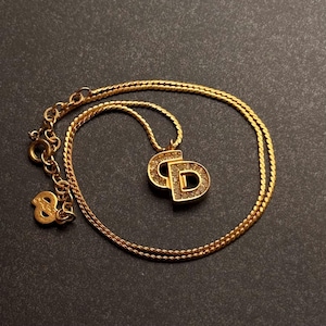 Vintage Christian Dior signed gold-plated rhinestones CD logo pendant necklace 1980s