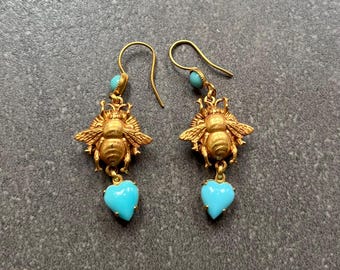 Askew London Bee design turquoise blue stones drop pierced earrings
