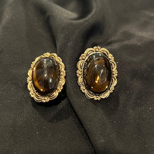 Vintage German Victorian style gold tone metal, bronze glass set oval clip-on earrings