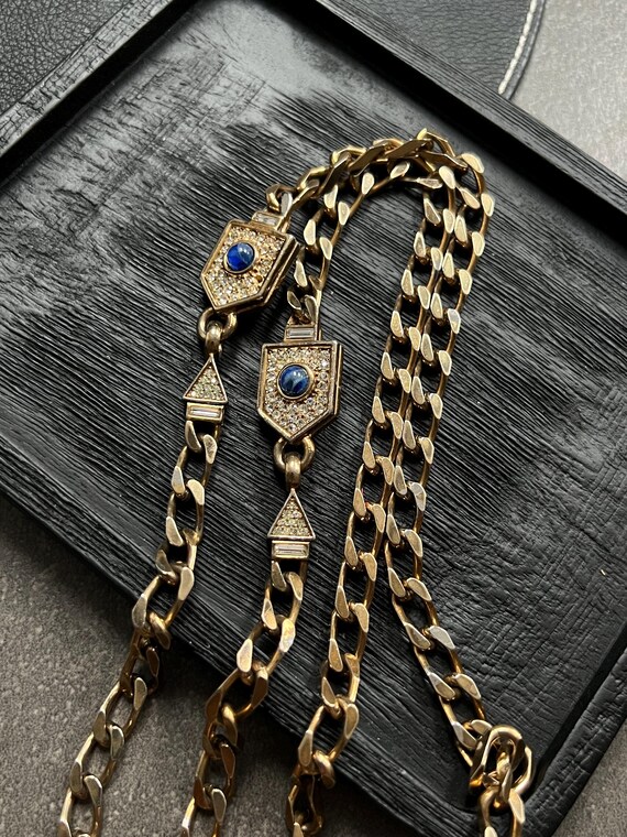 Vintage Christian Dior Signed Gold-plated Long Chain Blue Canochon