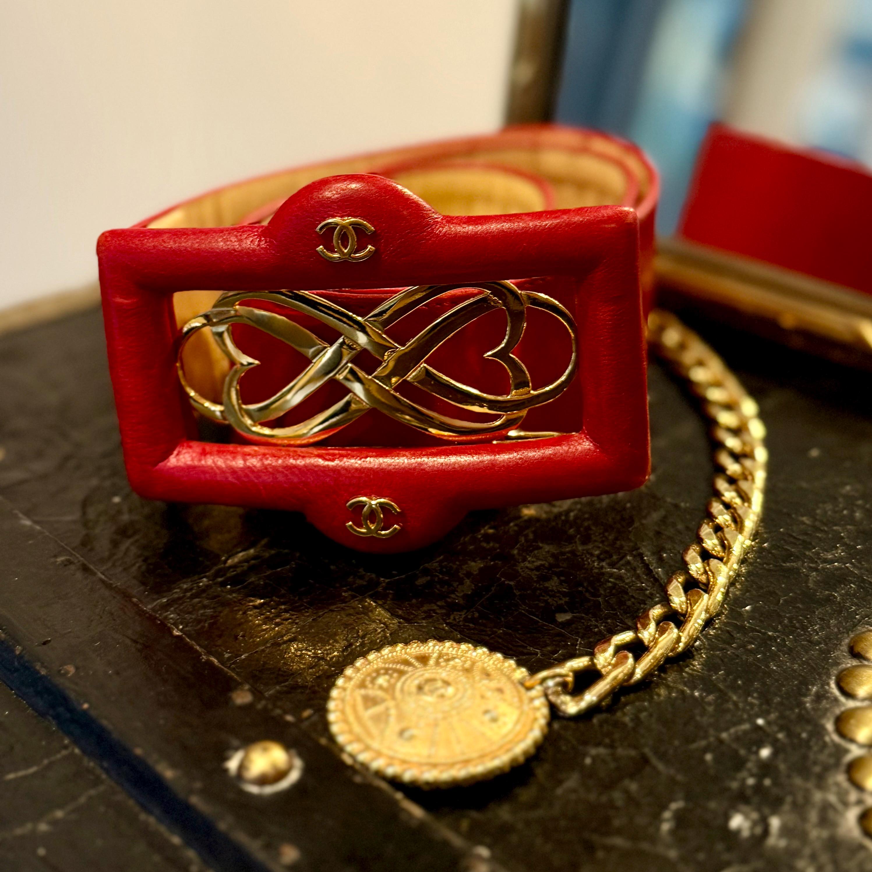 Chanel Red Leather Logo Coin Drop Wide Waist Large Buckle Belt 85 