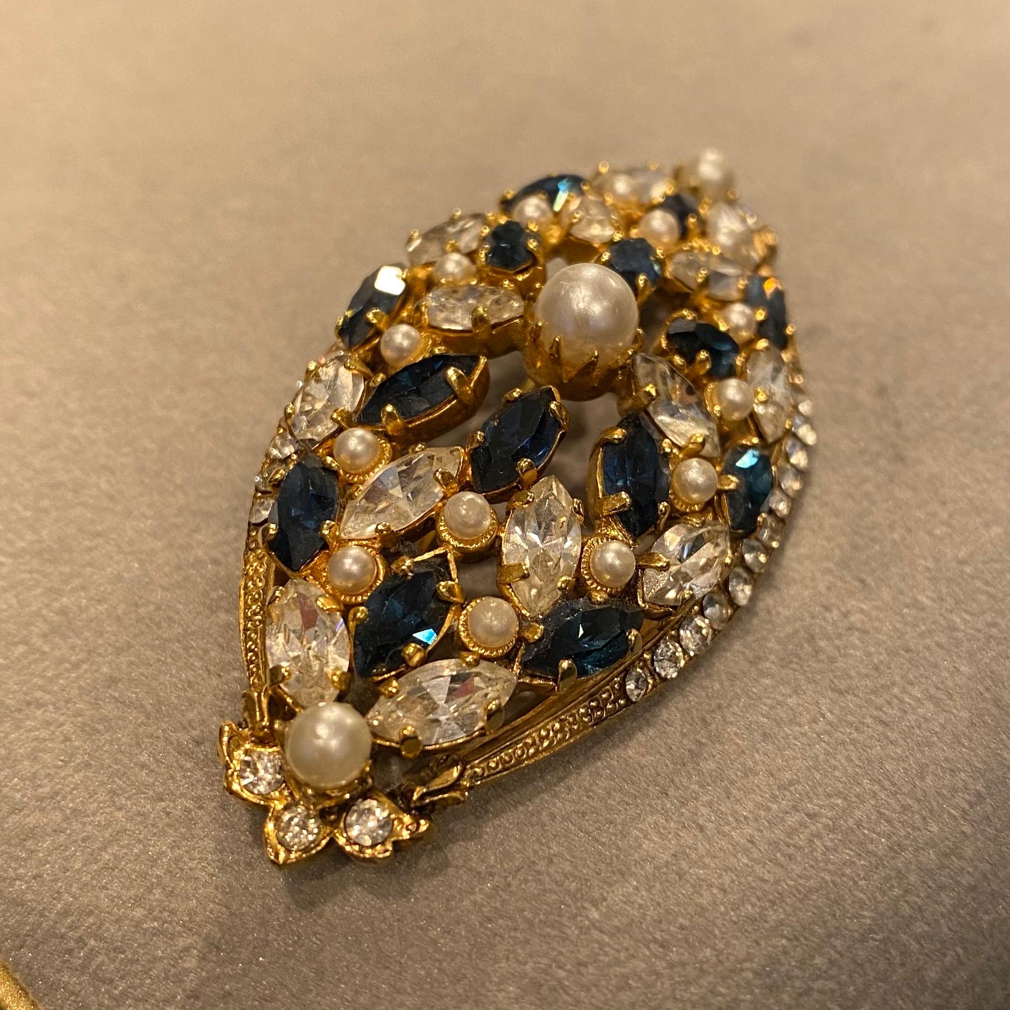 Broche Plaqué Or à Grosse Pierre Strass Bleu - Style XIXème Siècle
