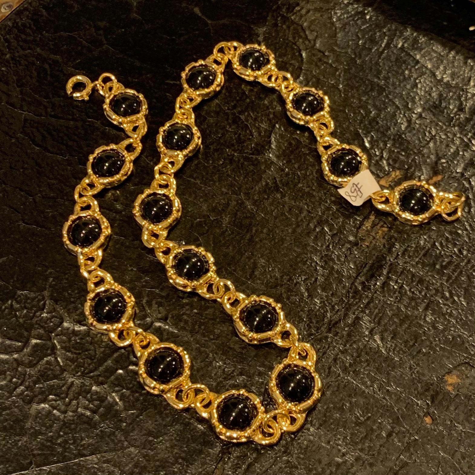 Collier Et Bracelet Années 80 En Plaqué Or Et Verre Bleu - Occasion - Bijou Vintage