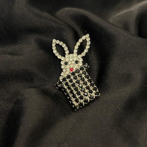 Vintage Butler and Wilson signed brooch, white & black rhinestone set pixelated iconic magical bunny pin