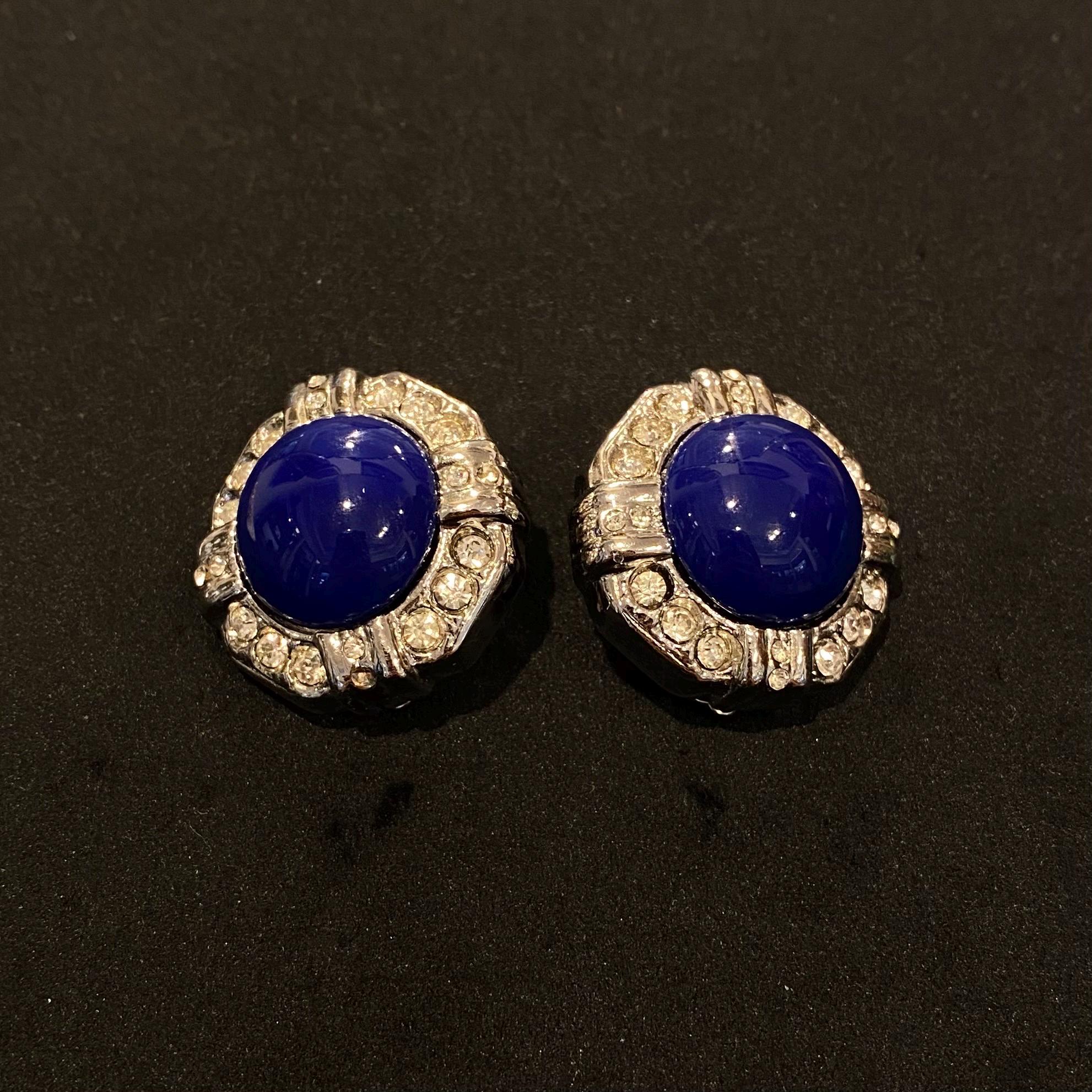 Boucles D'oreilles Clips Anciennes - Cristal Bleu Sur Métal Argenté - Occasion Bel état - Réf S150