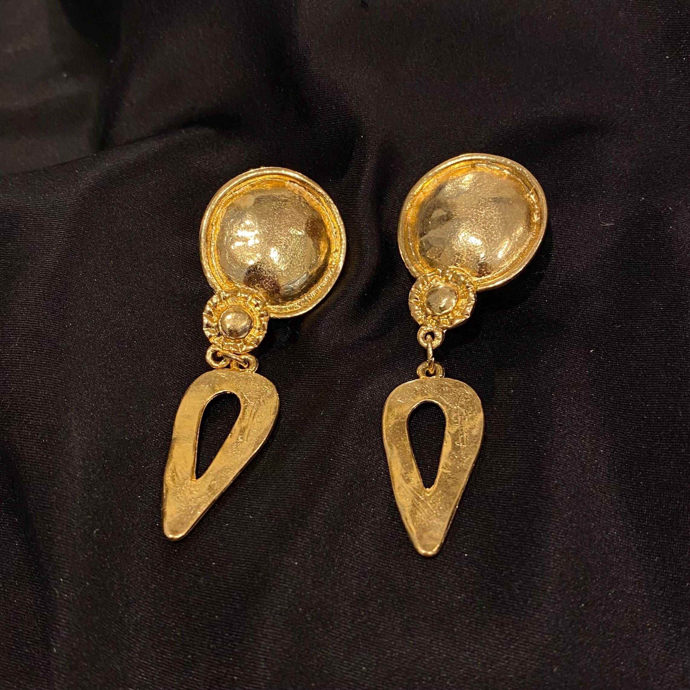 Boucles D'oreilles Clips Vintage Années 80 - Style Couture Pendantes Métal Doré