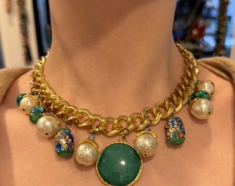 Vintage Made in England green lucite Milano glasses charms gold-chain pendant necklace