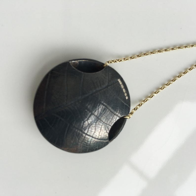 Oxidised silver and gold Keum Boo pendant Pendant necklace Statement pendant. Round pendant