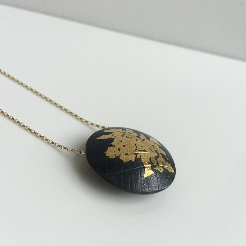 Oxidised silver and gold Keum Boo pendant Pendant necklace Statement pendant. Round pendant