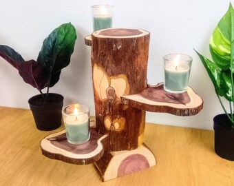 Wooden candle stand holder - a nice housewarming gift - wood pedestal stand - large or small, 3 tiers for tealight or votive candle holders