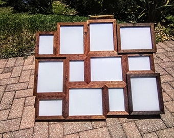 Handmade 12 opening wedding collage frame - rustic weathered 8x10 and 5x7 wall photo frames - comes w/ backing-plexi-hanger