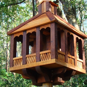 Cedar wood rustic birdfeeder gazebo style - large wooden birdfeeder w/ removable chimney, decorative 4x4 post mount, free personalization