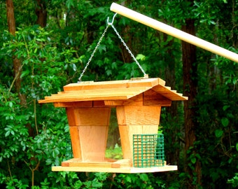 A suet feeder and bird seed feeder in one unique package! This big hopper style birdfeeder can be a hanging bird feeder or pole mounted