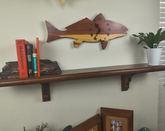 Cool clock for mantel, wall, shelf - fish art - hand carved redfish clock - saltwater fishing cabin decor - wall mount or floats on a shelf