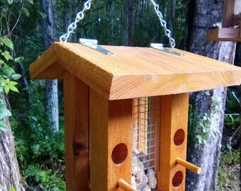 Handmade woodpecker feeder, blue jay feeder, suet feeder, peanut feeder, hanging bird feeder - comes with chain for hanging and hinged roof