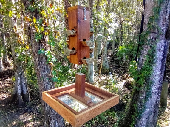 Combination outdoor bird feeder and bird seed catcher - wood bird feeders handmade in USA - comes with bird feeder hanging hardware