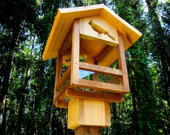 Birdfeeder handmade with cedar wood - wooden birdfeeder can be post mounted or use as a hanging bird feeder