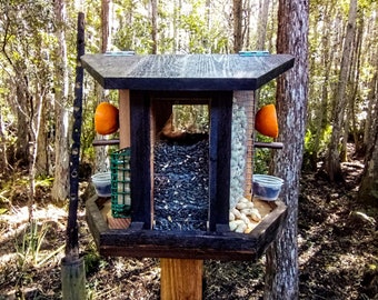 Large bird feeder station - dispense bird seed, peanuts, suet, fruit from this all purpose unique bird feeder - handmade in USA - post mount