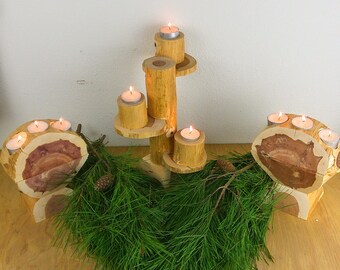Rustic Wooden Log Tea Light Candle Holder Set with Stand – Natural Wood Slice Candle Holders – Farmhouse Decor – Wedding Centerpiece