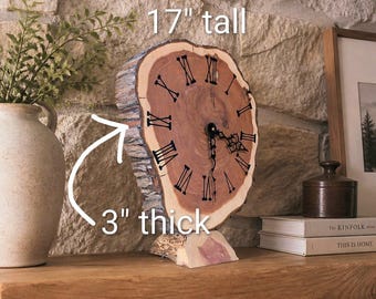 Live Edge Wooden Clock – Rustic Roman Numeral Mantel Clock – Handmade Wood Slice Tabletop Clock – Farmhouse Fireplace Decor