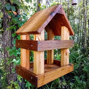Large rustic wood platform bird feeder has 2 levels - Use as a hanging bird feeder or get optional pole and kit for pole mounting