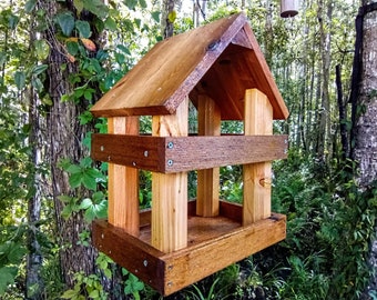 Large rustic wood platform bird feeder has 2 levels - Use as a hanging bird feeder or get optional pole and kit for pole mounting