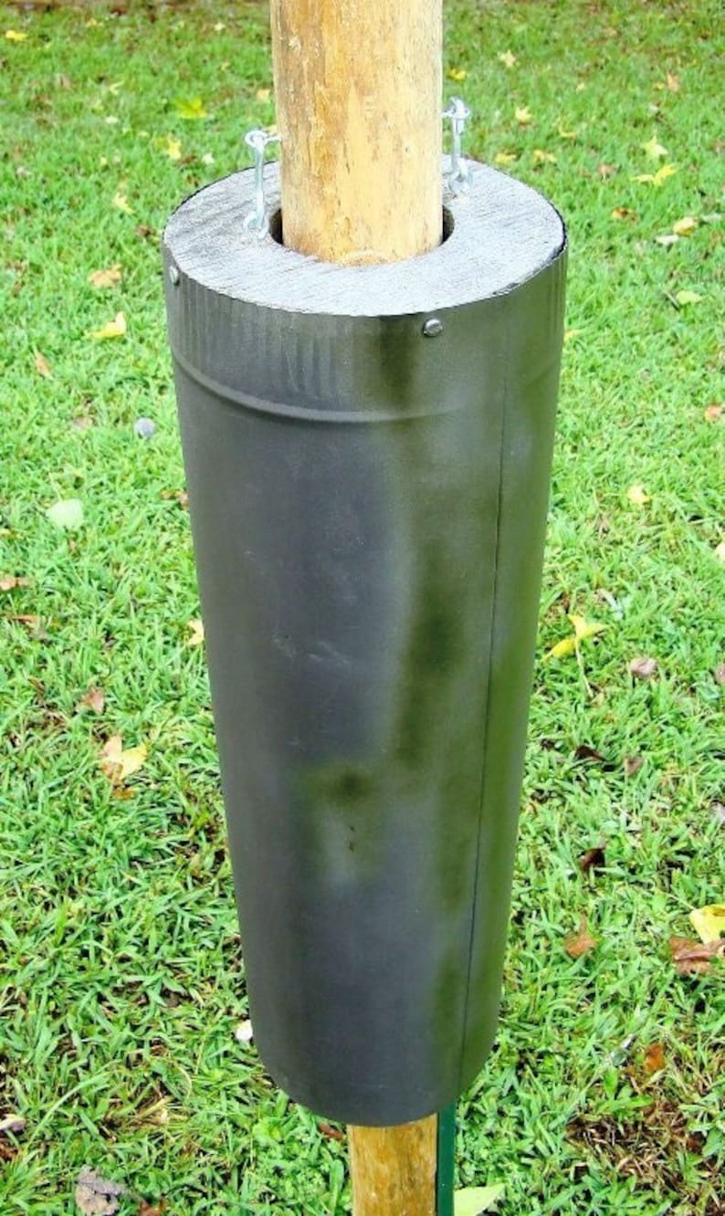 May include: A close-up of a wooden post with a black metal protective sleeve. The sleeve is secured to the post with metal brackets and screws.