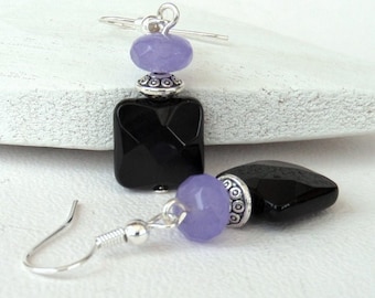 Black onyx earrings, birthday gift, purple and black earrings, anniversary gift partner wife