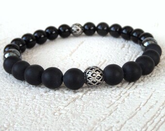 Men's black beaded bracelet, black onyx and hematite stacking bracelet, birthday gift for him, anniversary present for partner