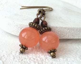 Vintage inspired dangly earrings, peach jade earrings, gift for mum, summer jewellery