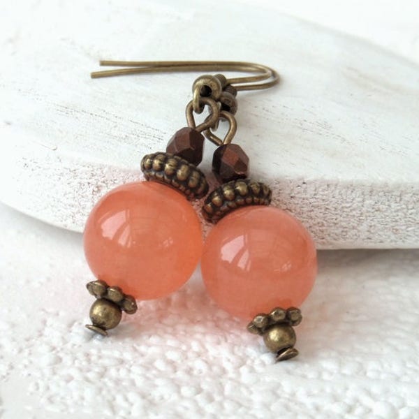 Vintage inspired dangly earrings, peach jade earrings, gift for mum, summer jewellery