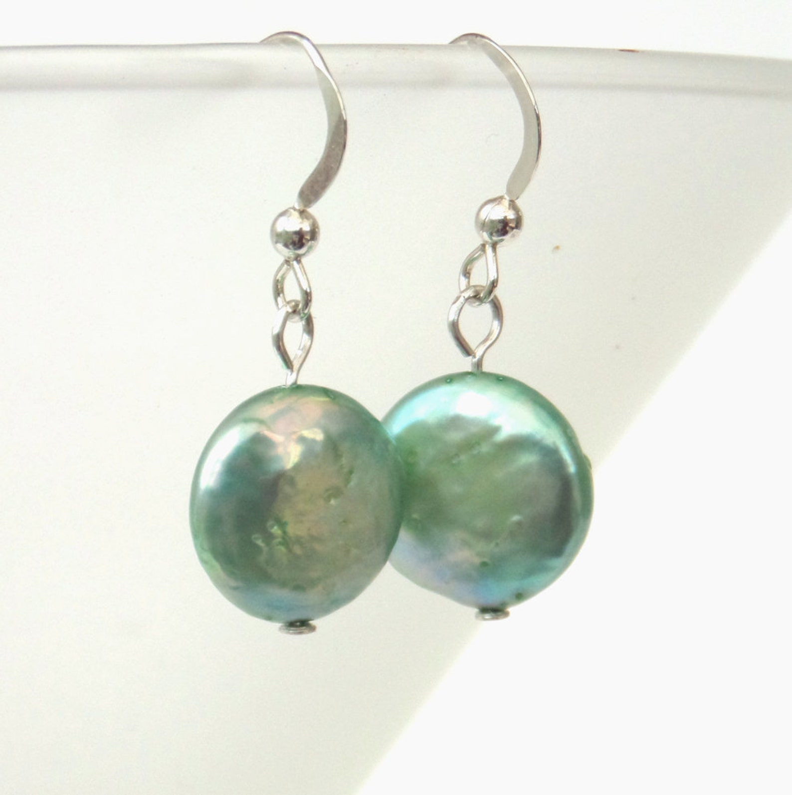 Mint Green Pearl Earrings, Silver Pearl Coin Earrings, Green Pearl