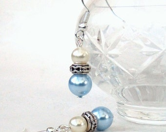 Gift for sister, blue Swarovski pearl earrings, bridal jewellery, handmade earrings