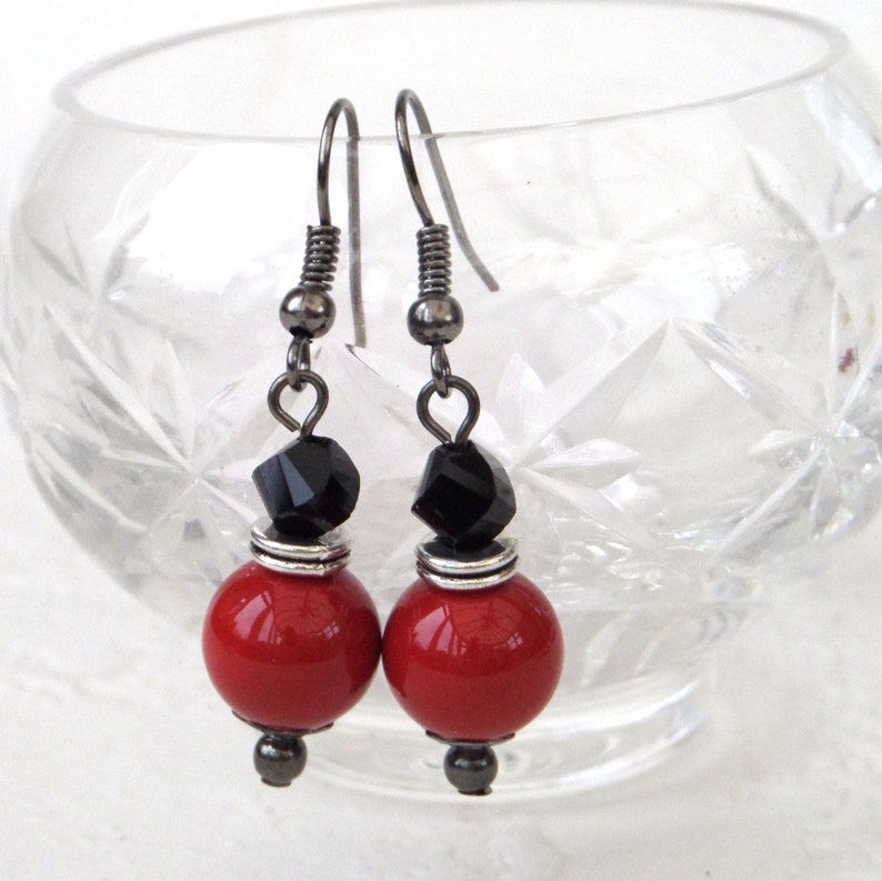 Red shell and black crystal earrings, miss you letterbox gift, dramatic statement jewellery, red and black earrings image 5