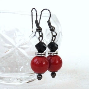 Red shell and black crystal earrings, miss you letterbox gift, dramatic statement jewellery, red and black earrings image 1