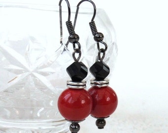 Red shell and black crystal earrings, miss you letterbox gift, dramatic statement jewellery, red and black earrings