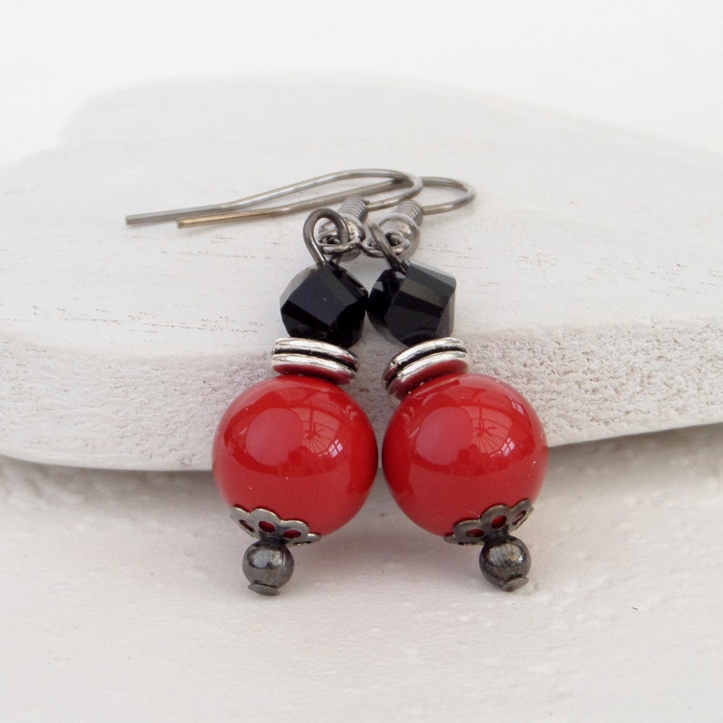 Red shell and black crystal earrings, miss you letterbox gift, dramatic statement jewellery, red and black earrings image 6