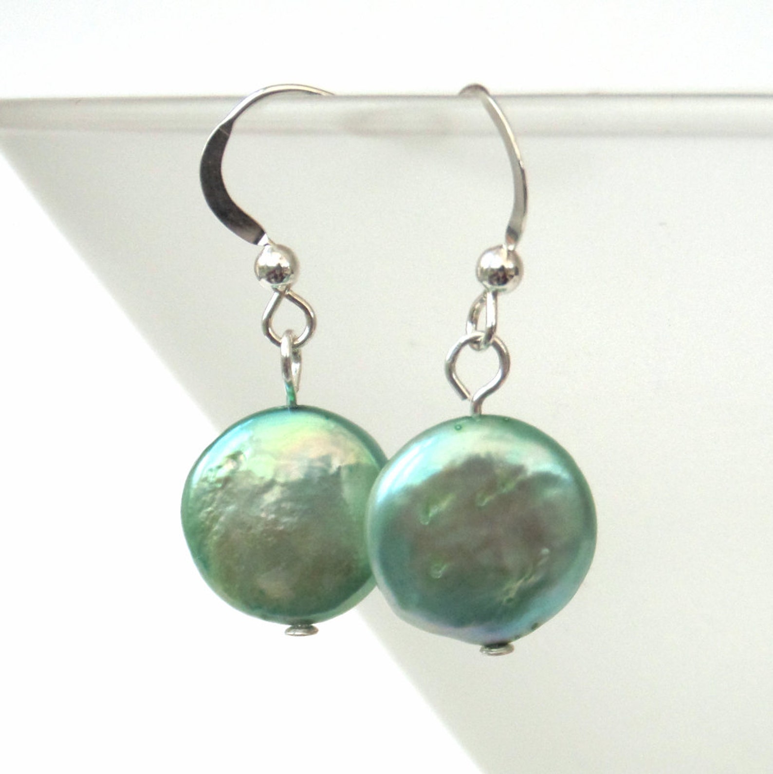 Mint Green Pearl Earrings, Silver Pearl Coin Earrings, Green Pearl