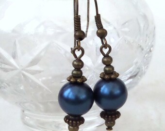 Sapphire blue shell earrings,  ready to post gifts, vintage inspired bronze earrings, handmade jewellery