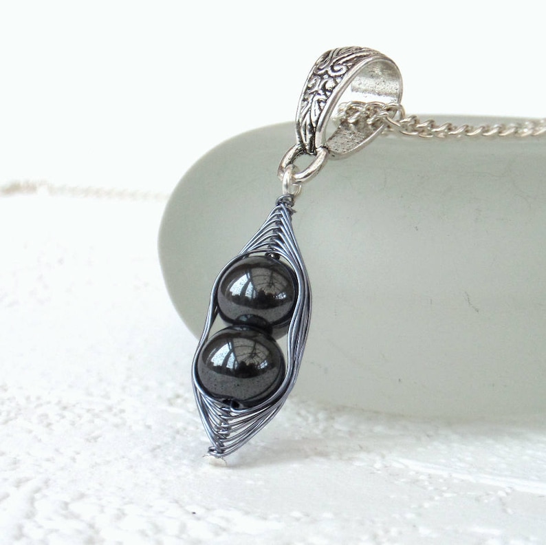 Hematite Peas in A Pod Necklace, Personalised Peapod Jewelry, Hematite Jewellery, Gift for