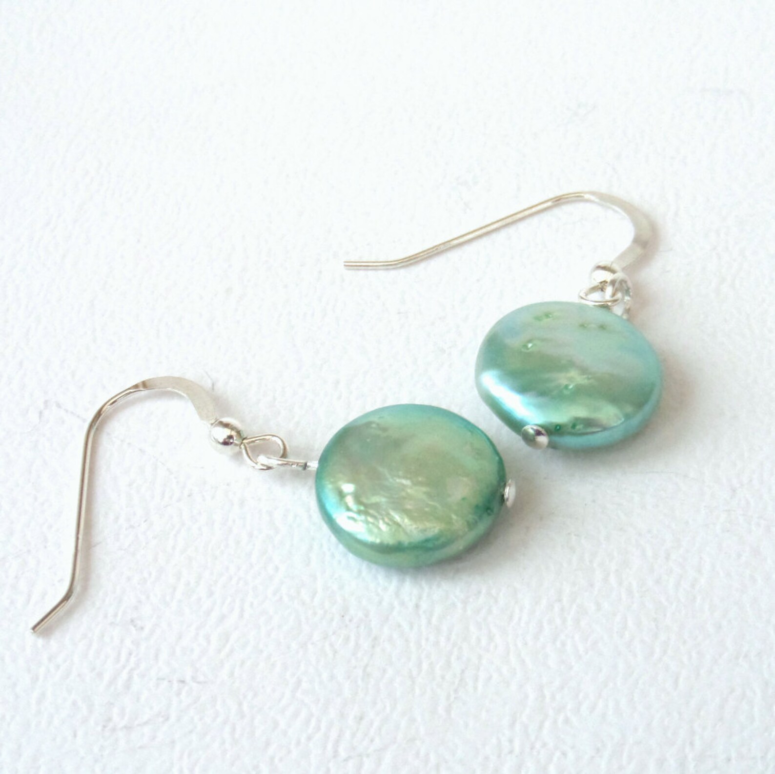 Mint Green Pearl Earrings, Silver Pearl Coin Earrings, Green Pearl