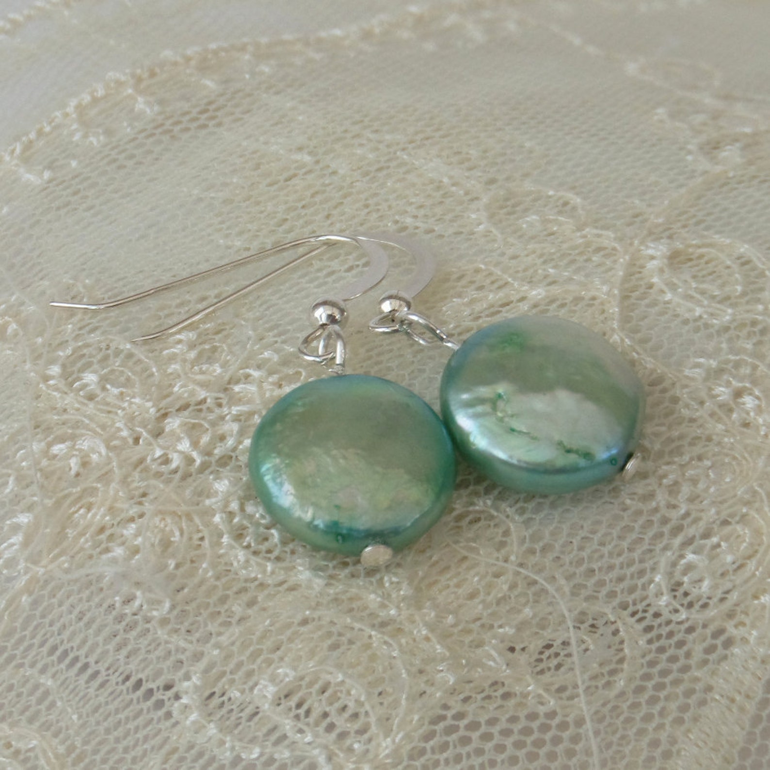 Mint Green Pearl Earrings, Silver Pearl Coin Earrings, Green Pearl