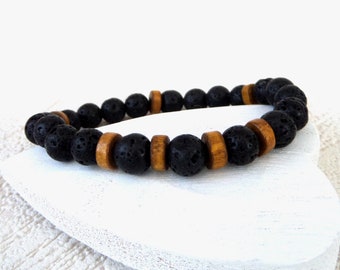 Mens beaded bracelet with black lava stone and wood, anniversary or birthday gift for husband, men's gifts